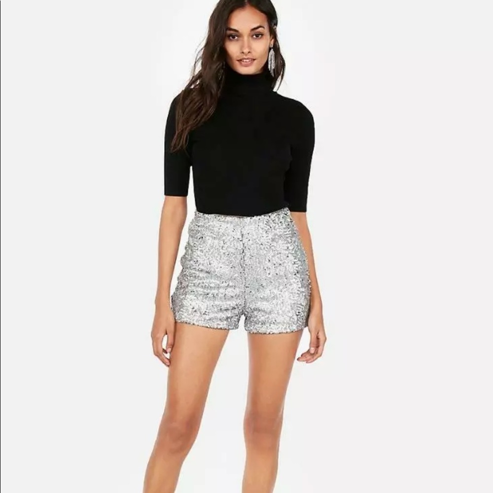 Express High Waist Sequin Silver Shorts 0